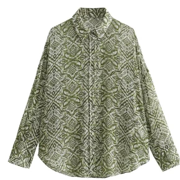 Zara Flowy Lightweight Green and White Abstract Print Long Sleeve Blouse - Picture 1 of 12